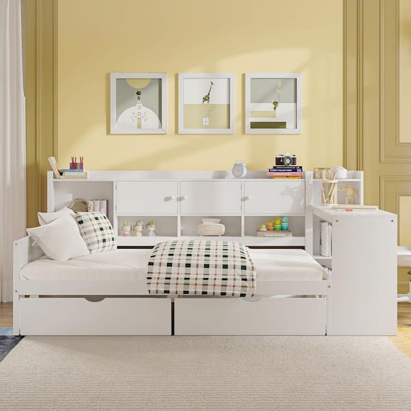 L-Shaped White Pine Wood Frame Twin Size Platform Bed with Drawer, Cabinet, Desk, Multi-Functional Platform Bed