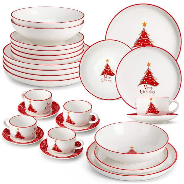 30-Piece White Porcelain Dinnerware Set Service for 6 Christmas Tree Dinner Set with Plates Soup Bowls Cups and Saucers