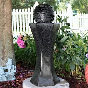 31 in. Black Pedestal and Ball Solar with Battery Backup Outdoor Cascade Water Fountain (3-Pieces)