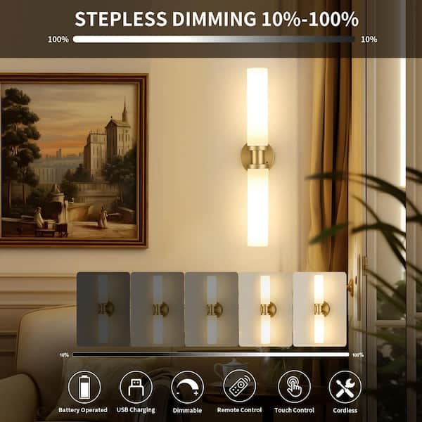 16.5 in. 2-Light Brushed Gold Rechargeable Battery Operated Wall Sconce (Set of 2) Modern LED Wall Light with Remote