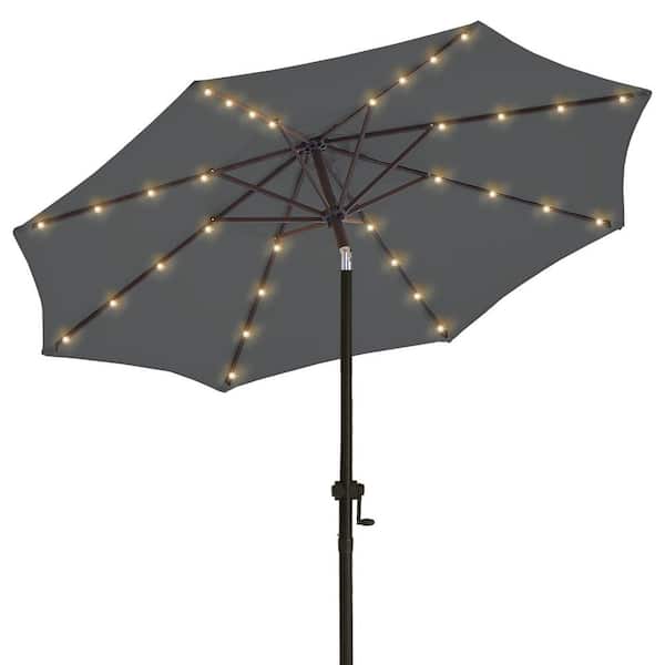 wikiwiki 10 ft. Solar LED Lighted Market Patio Umbrella with Crank and Tilt in Dark Grey