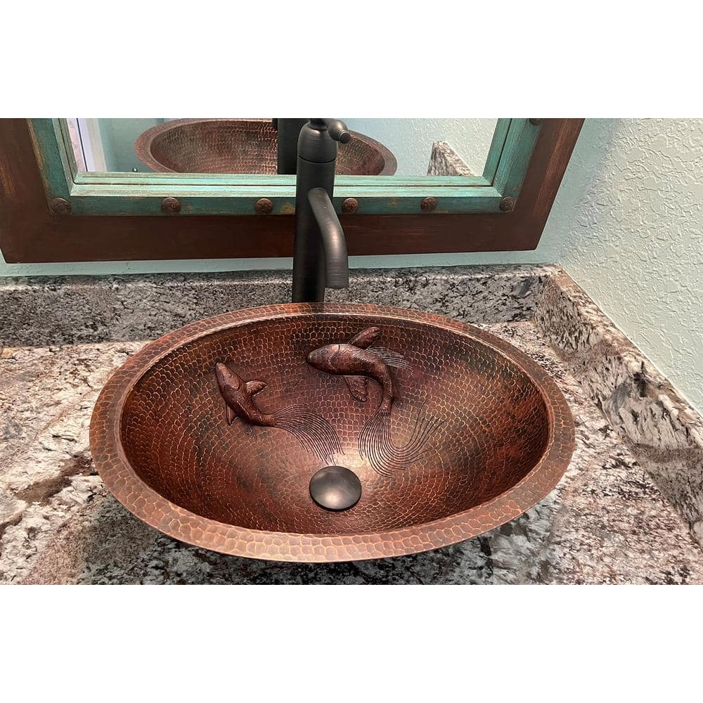 19" Oval Hammered Copper Undermount Sink with Koi Fish Design