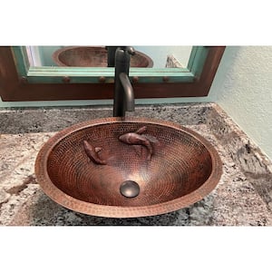 19 in. Oval Under Counter Hammered Copper Bathroom Sink with Koi Fish Design in Copper