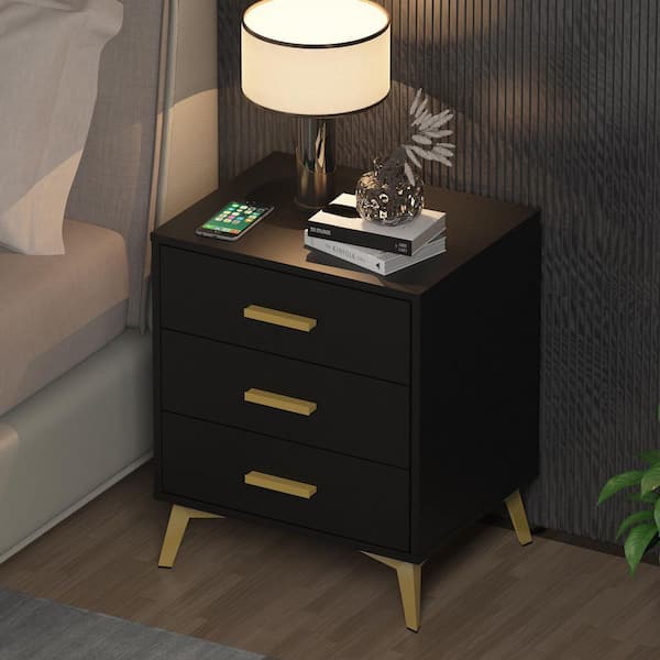 FUFU&GAGA Single Black Wooden Nightstand, End Table, with 3 Drawers, 19.7 in. W x 15.7 in. D x 23.8 in. H