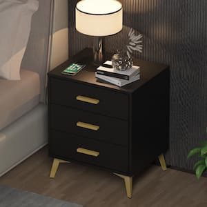 Single Black Wooden Nightstand, End Table, with 3 Drawers, 19.7 in. W x 15.7 in. D x 23.8 in. H