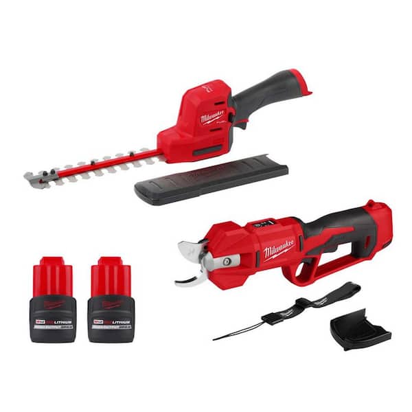Milwaukee M12 12V Cordless Brushless Pruner Shears with M12 8 in. Hedge Trimmer, (2) 2.5 Ah Batteries