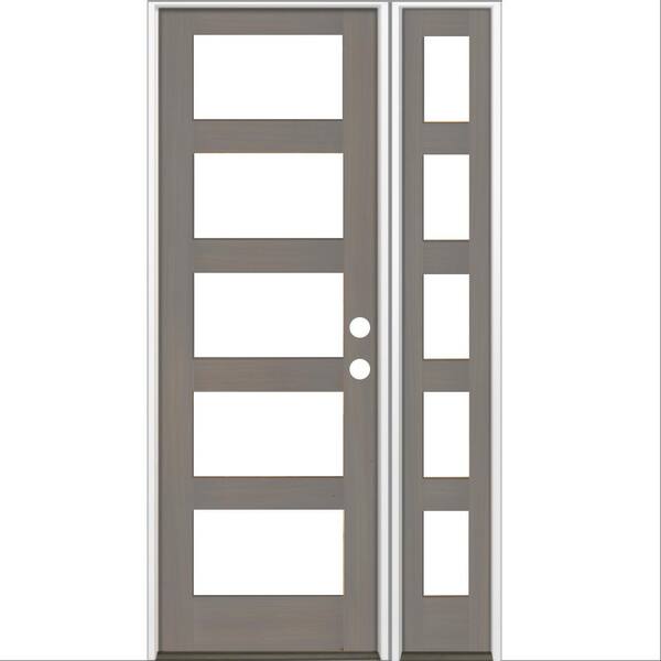 Krosswood Doors 46 in. x 96 in. Modern Hemlock Left-Hand/Inswing 5-Lite Clear Glass Grey Stain Wood Prehung Front Door with Sidelite