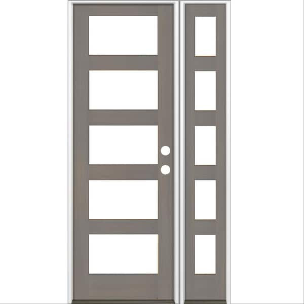 Krosswood Doors 50 in. x 96 in. Modern Hemlock Left-Hand/Inswing 5-Lite Clear Glass Grey Stain Wood Prehung Front Door with Sidelite