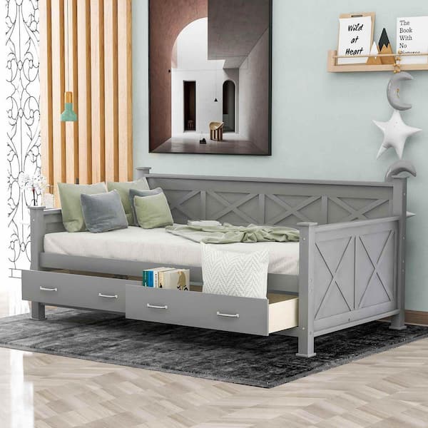 Gray Twin Daybed with 2 Large Drawers, X-shaped Frame