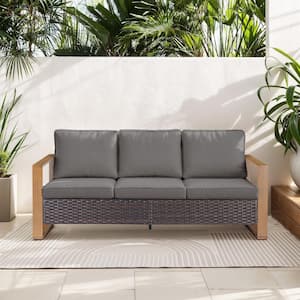 MetalWood Metal and Brown Wicker Outdoor 3-Seat Sectional Couch Sofa with Olefin Gray Cushions