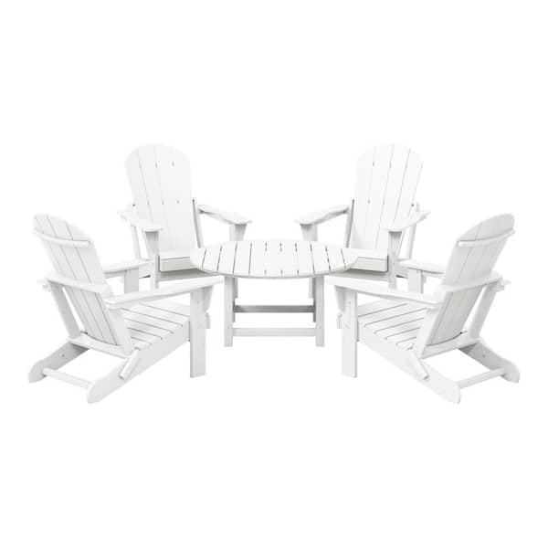 Laguna White Fade Resistant 5-Piece Plastic Adirondack Chair Outdoor Patio Conversation Set With Round Coffee Table