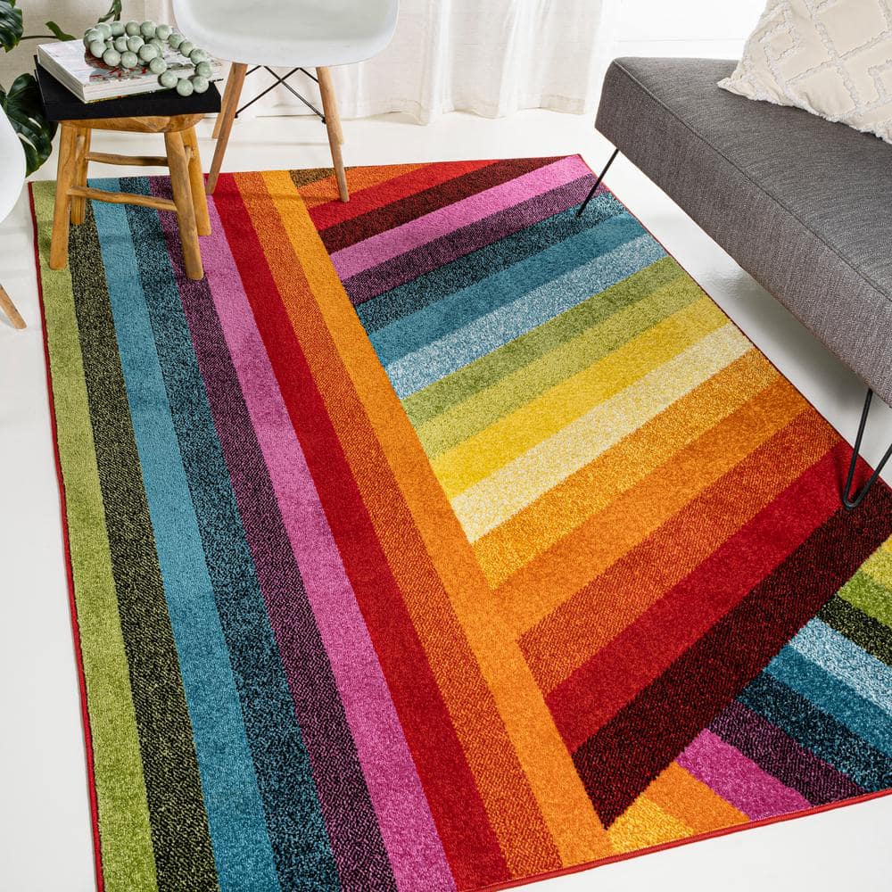 Retro Rainbow Multi-Color Synthetic Stripe Kids Area Rug 3' x 5'