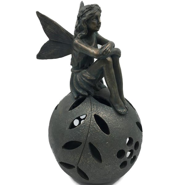 Unbranded 1-Light 13 in. Integrated LED Solar Powered Sitting Fairies with Balls of Leaves in Aged Bronze Patina