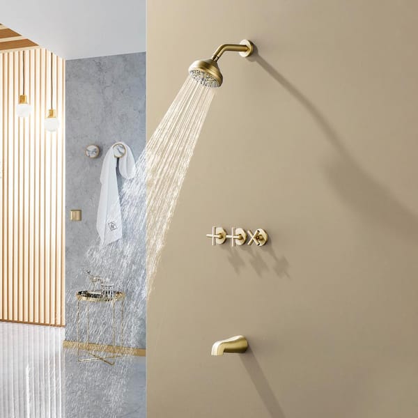 Triple Handles 10-Spray Shower Faucet 1.8 GPM with Easy to Install Feature in. Brushed Gold