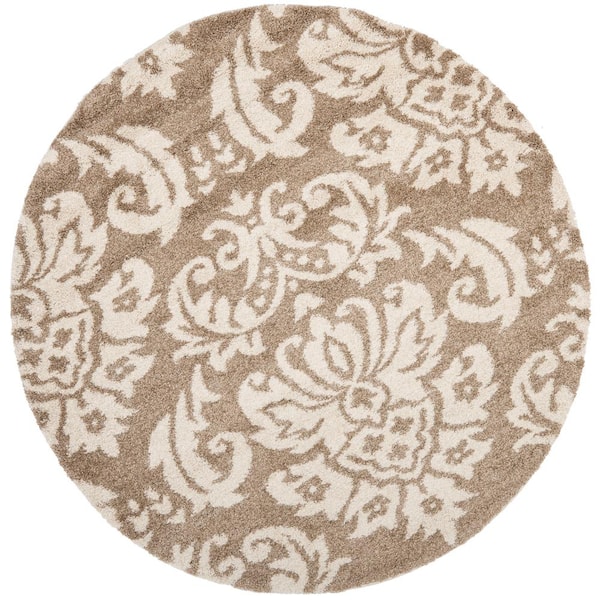 SAFAVIEH Florida Shag Beige/Cream 5 ft. x 5 ft. Round Medallion Floral Area Rug