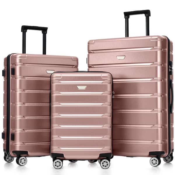 3 Bags 3-Piece Rose Golden ABS and PC Hardshell Spinner Luggage Set with TSA Lock, 3-Level Telescopic Handle
