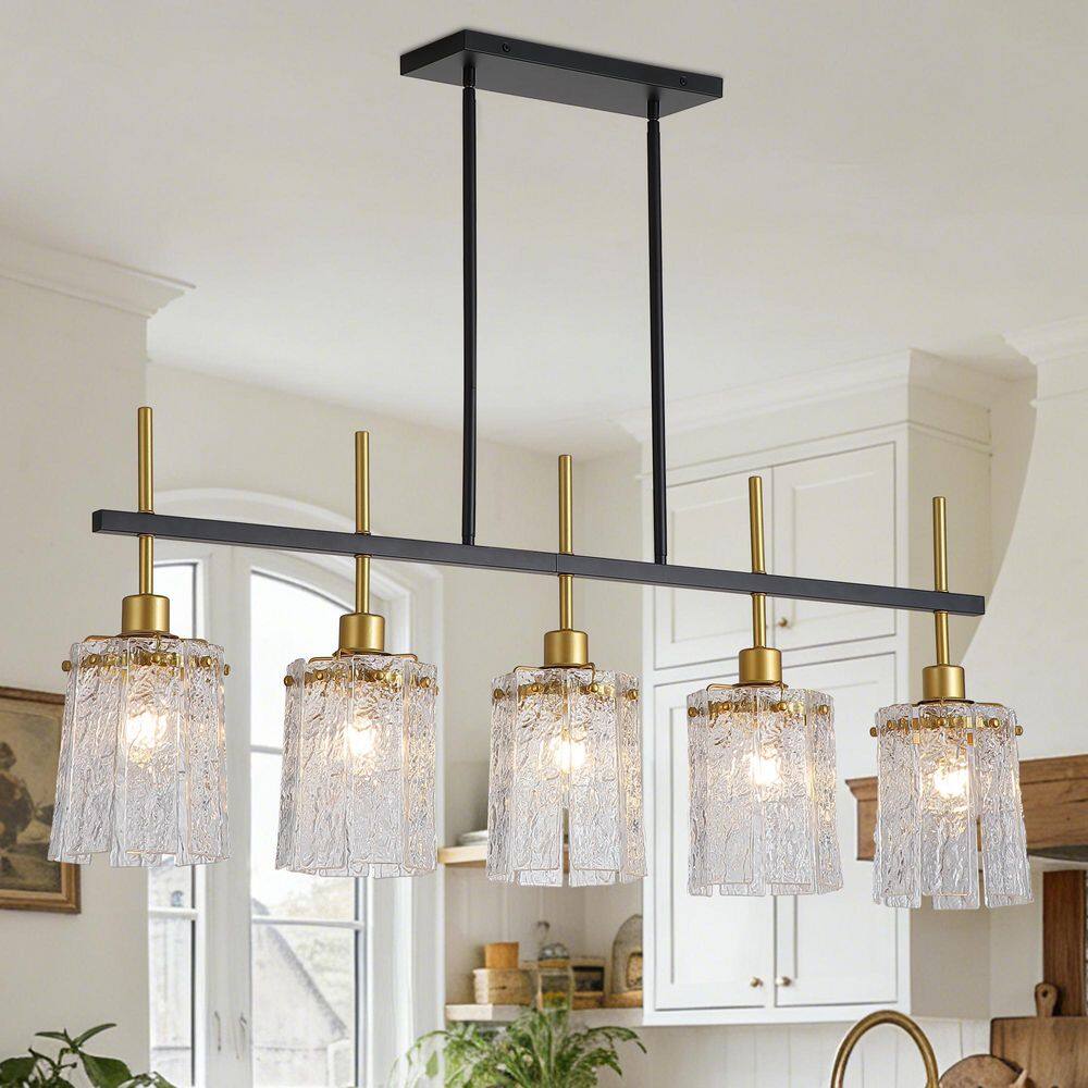 Rerhill 5-Light Matte Black Modern Linear Chandelier with Water Ripple Glass for Kitchen Island with no bulbs included price history on PriceWatchPro