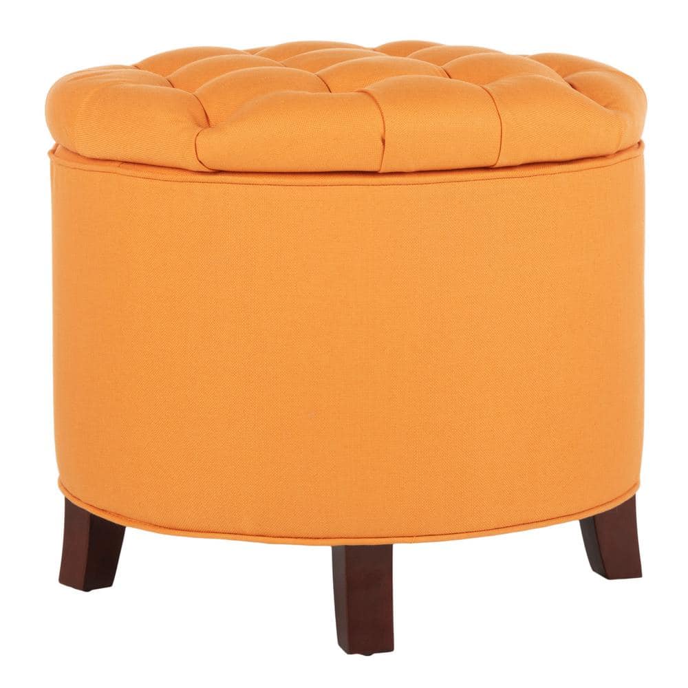 Tangerine Round Tufted Storage Ottoman with Oak Legs
