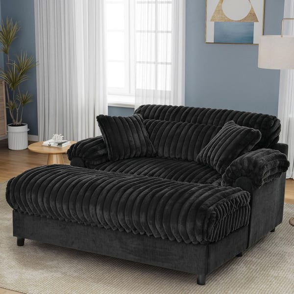 65.25 in. Pillow Top Arms Faux Rabbit Fur Fabric Rectangle Chaise Lounge Sofa in Black with 2-Throw Pillows