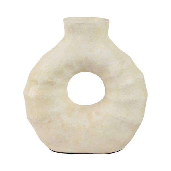 Liv & Skye 14 in. Ivory Terra Cotta Geometric Ridged Cut-out Decorative Vase