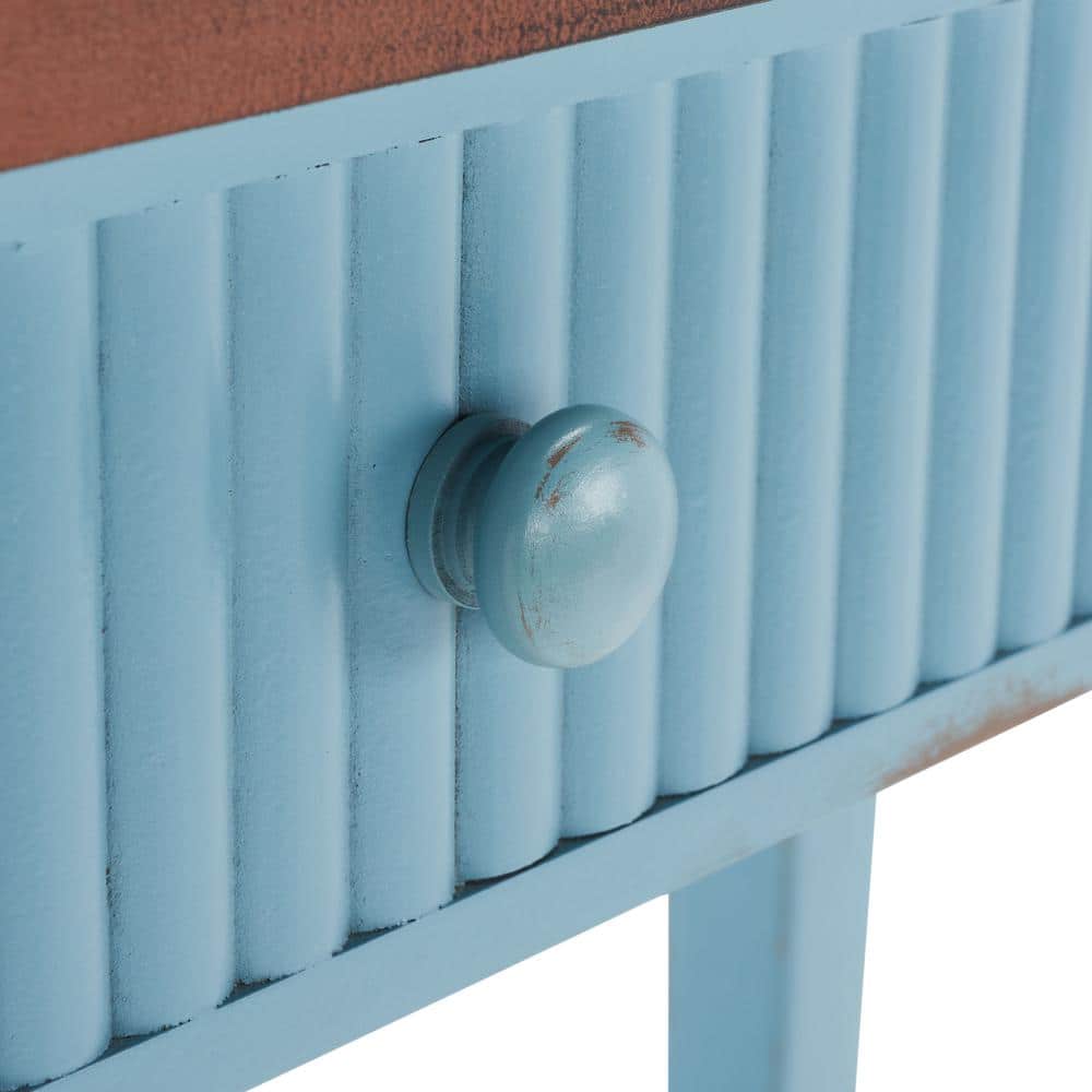 Blue and Oak Wood Console Table with Storage Drawer