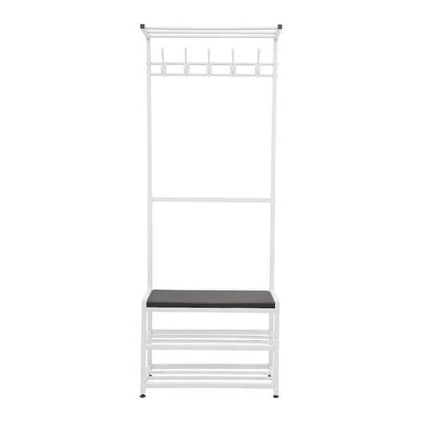 White Metal Iron Clothes Rack 23.62 in. W x 62.99 in. H with Shoe Storage Entryway Bench