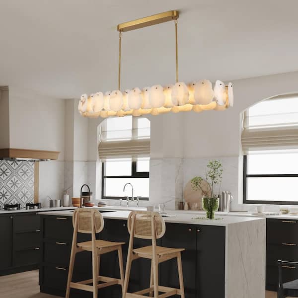 57.8 in. 1-Light Dimmable Integrated LED Brass Alabaster Chandelier, Luxury Large Marble Kitchen Island Chandelier