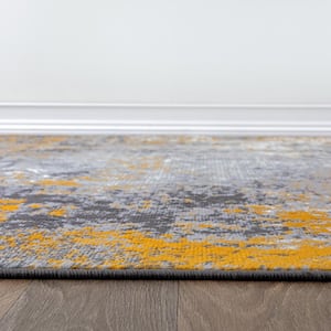 Distressed Contemporary Mustard Abstract 2 ft. x 7 ft. Area Rug