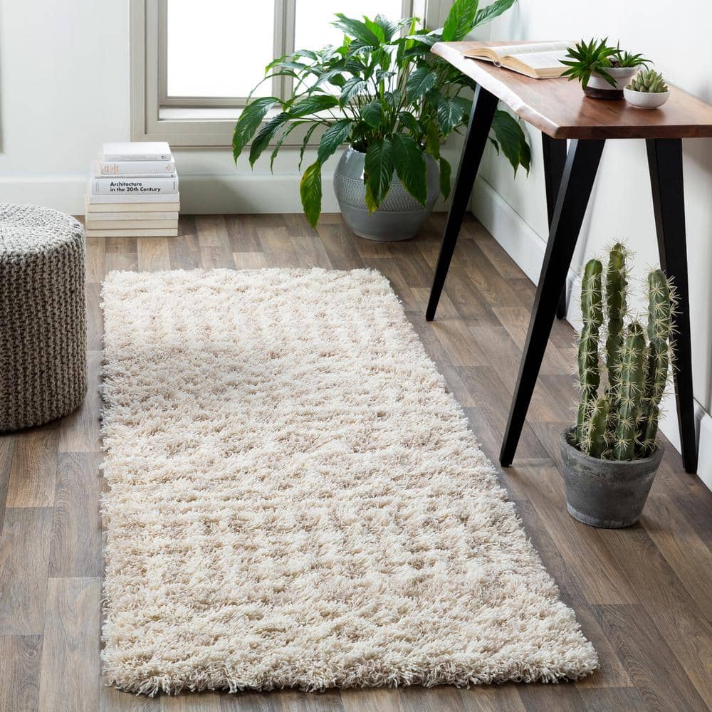 Beige Plush Shag Runner Rug with Synthetic Fibers, 2'7" x 10'