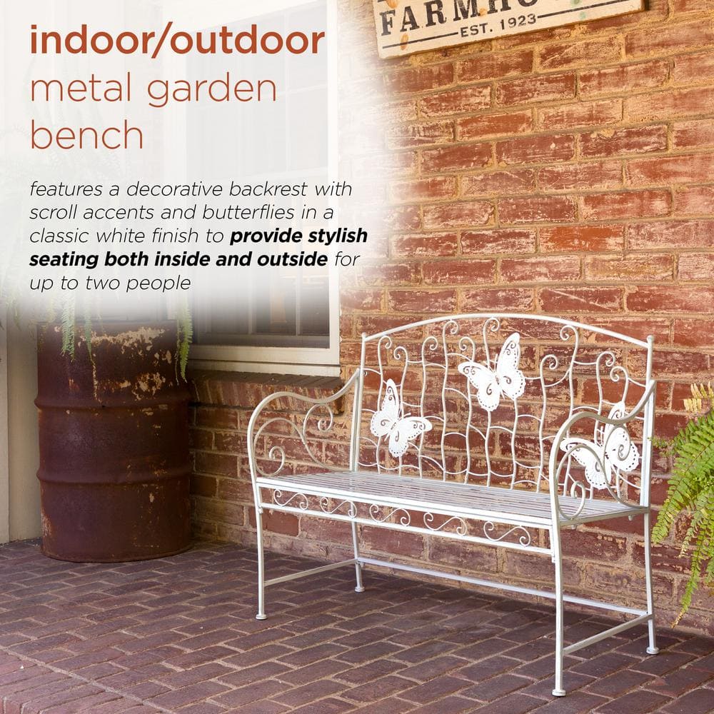 White Metal Butterfly Backrest Garden Bench, 43"