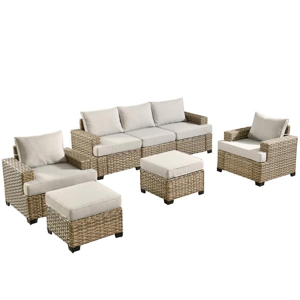 Merritt 7-Piece Wicker Modern Outdoor Patio Conversation Sofa Seating Furniture Set with Light Grey Cushions