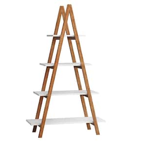 54 in. White Wood 4 Shelf Ladder Bookcase with "A" Shape Construction, Solid Bamboo Wood Living Room Display Stand