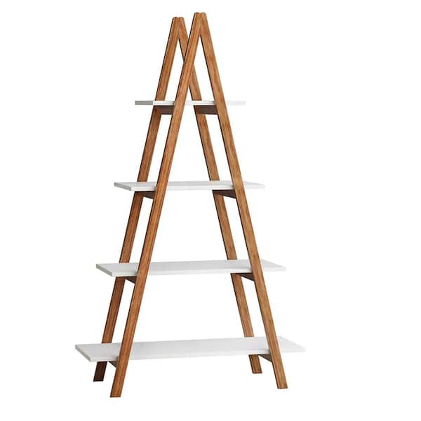 Kahomvis 54 in. White Wood 4 Shelf Ladder Bookcase with "A" Shape Construction, Solid Bamboo Wood Living Room Display Stand