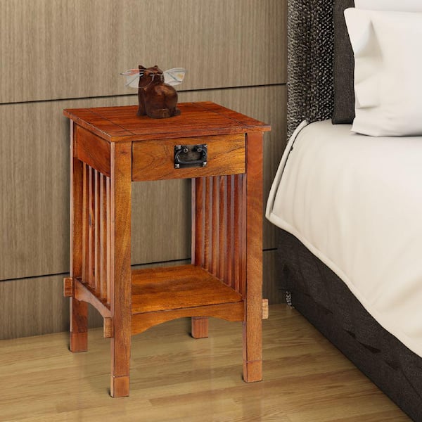 Benjara Brown Spacious Mango Wood Telephone Stand with Slatted Side Panels