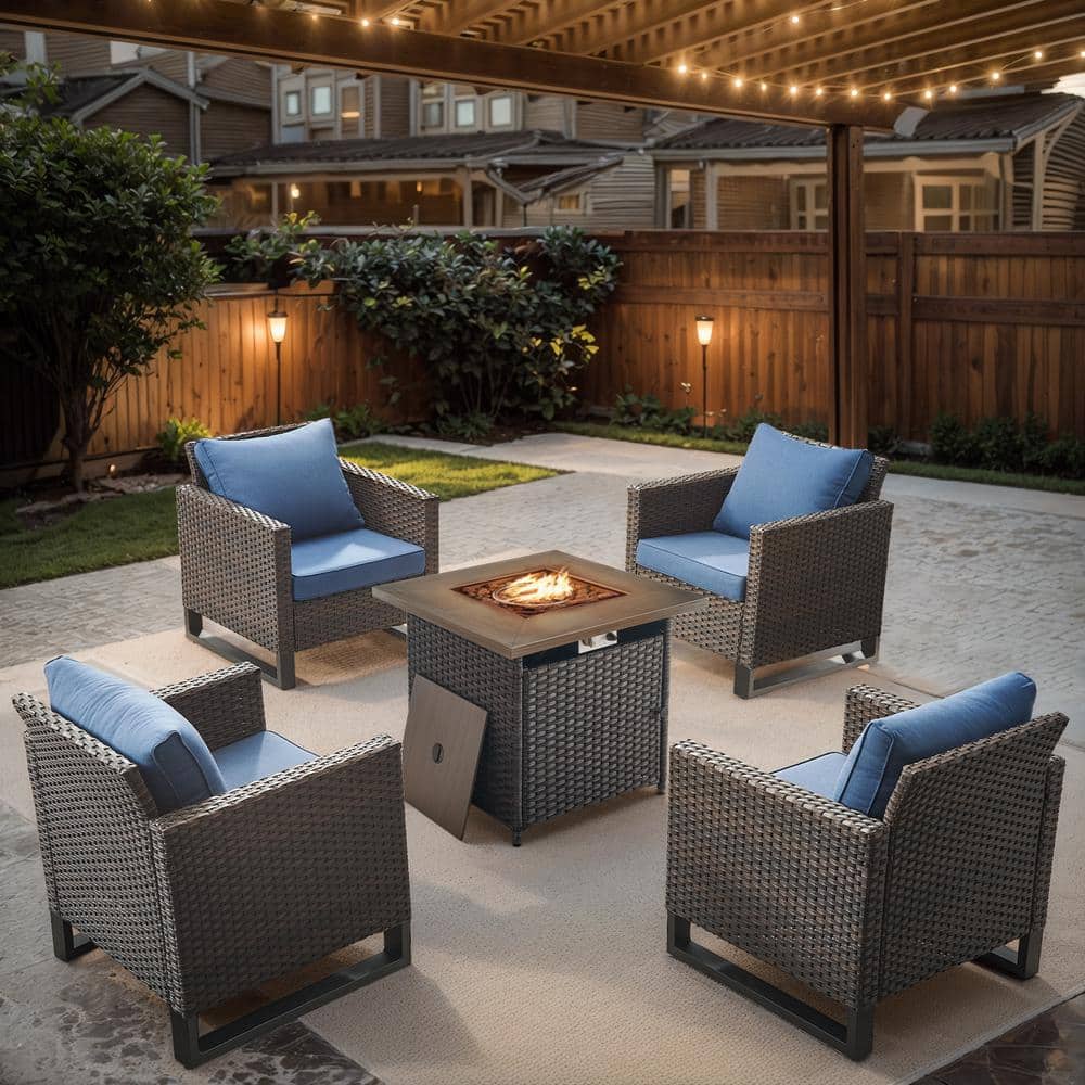 U-Weave 5-Piece Brown Wicker Outdoor Square Fire Pit Conversation Set with Navy Blue Cushions and Armchairs price history on PriceWatchPro