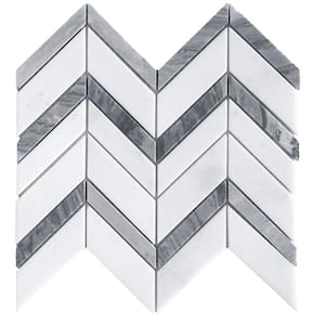 Glacier Edge White and Gray 9.875 in. x 11.25 in. Chevron Honed Marble Floor and Wall Mosaic Tile (7.71 sq. ft./Case)