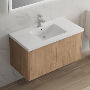 SCHAT 18 in. W x 35 in. D x 19 in. H Wall mount Bath Vanity in Imitative Oak with Strong handle and White Ceramic Top