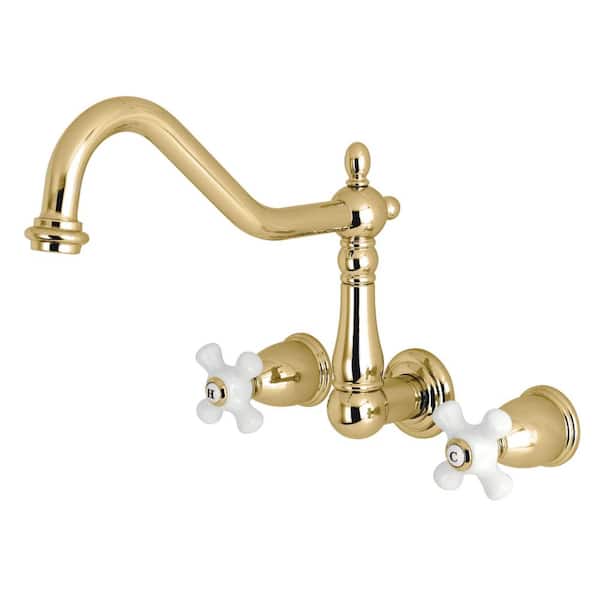 Kingston Brass Heritage 2-Handle Wall-Mount Standard Kitchen Faucet in Polished Brass