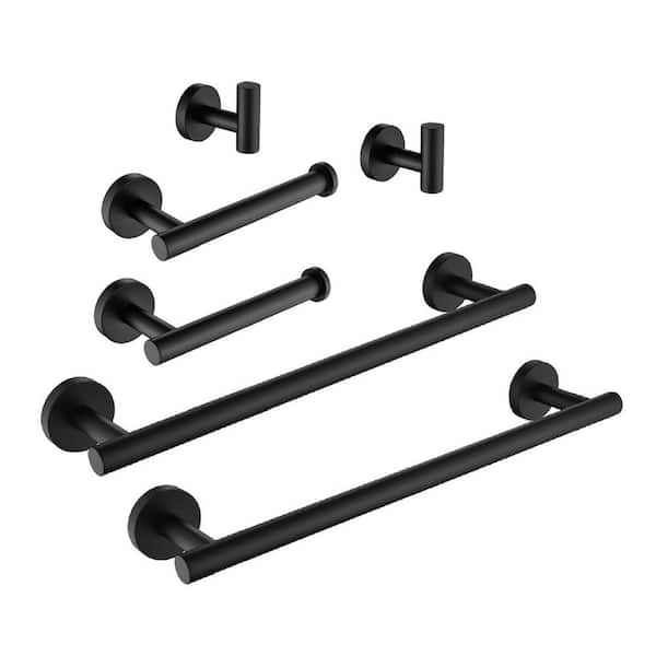 Interbath 6-Piece Bathroom Hardware Set with Toilet Paper Holder Robe Hook and Towel Bar in Matte Black