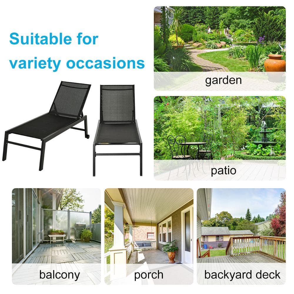 Coastal Breeze Black Outdoor Chaise Lounge with 5-Position Backrest and Wheels