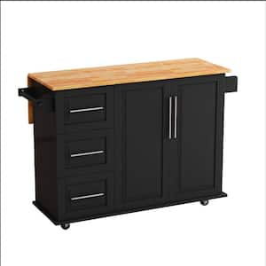 Black Rubber Wood Kitchen Cart with Drop Leaf, 2 Door Cabinet,3Drawers, Spice Rack and Towel Rack