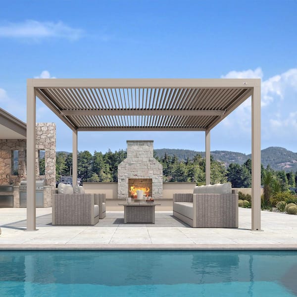 12 ft. x 12 ft. Champagne Aluminum Frame Outdoor Hardtop Louvered Pergola with Adjustable Roofs and In-Built Gutter