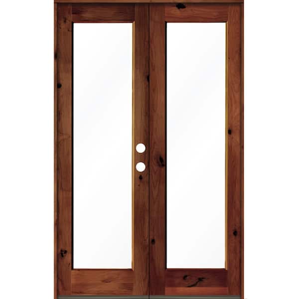 Krosswood Doors 64 in. x 96 in. Rustic Knotty Alder Wood Clear Full-Lite Red Chestnut Stain Left Active Double Prehung Front Door