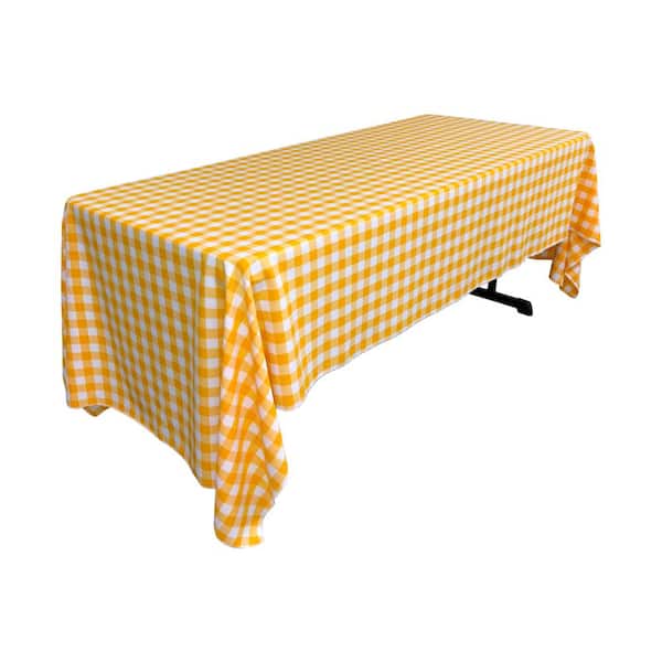 LA Linen "60 in. x 144 in. White and Dark yellow Polyester Gingham Checkered Rectangular Tablecloth"