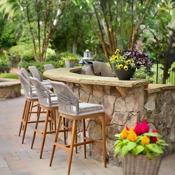 Modern Aluminum Twill Wicker Woven Counter Height Outdoor Bar Stool with Back and Cushion (4-Pack)