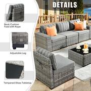 Crater Grey 9-Piece Wicker Wide Arm Patio Conversation Sofa Set with a Rectangle Fire Pit and Striped Grey Cushions