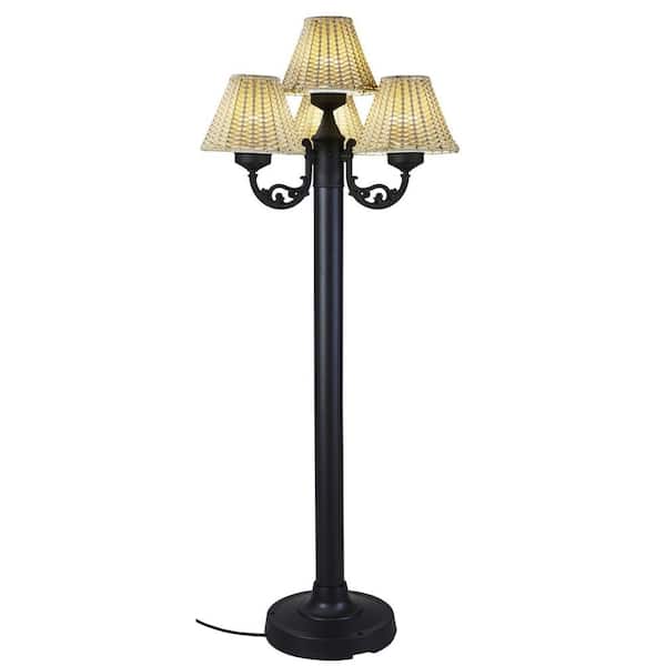 Patio Living Concepts 63 in. Black Body Versailles Outdoor Floor Lamp with Stone Wicker Shade