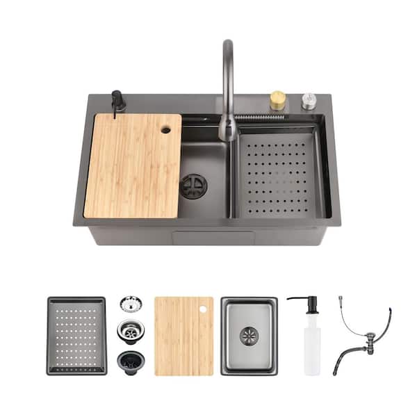 18 x 28 in. Drop-In Single Bowl Matte Black Stainless Steel Kitchen Sink with Flying-Rain Faucet and Cutting Board