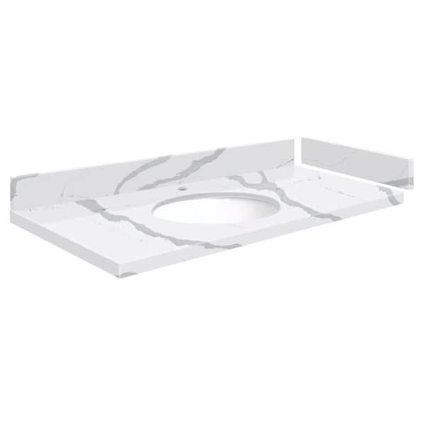 Transolid Silestone 37 in. W x 22.25 in. D Quartz White Round Single Sink Vanity Top in Bianco Calacatta