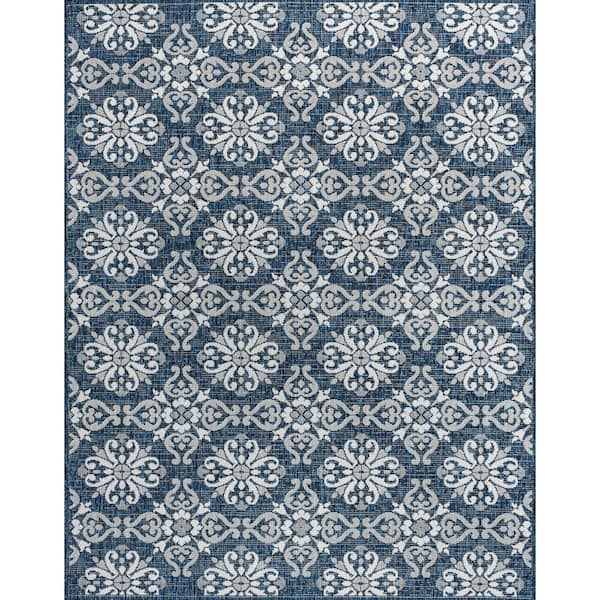 Amora Traditional Mediterranean Tile Design Navy/Cream 3 ft. x 5 ft. Indoor/Outdoor Area Rug